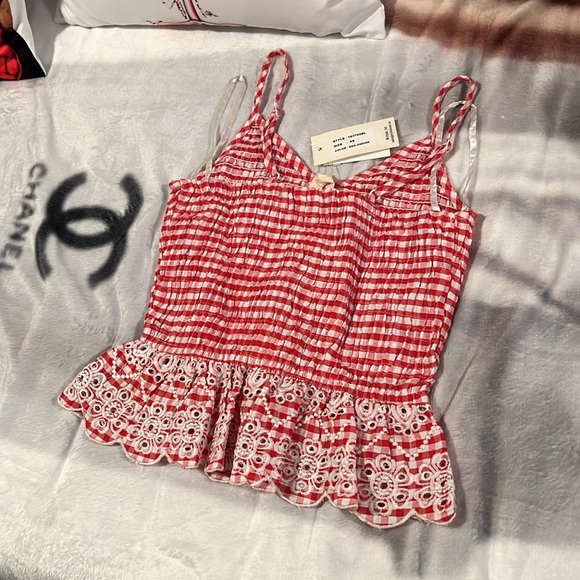 XS STRETCHY RED GIGHAM SIM & SAM SPAGHETTI TOP SHIRT PICNIC DATE WORK 4thofJuly! - Picture 10 of 10